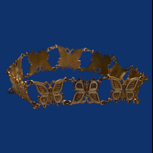 Vintage Gold Tone with Silver Tone Butterfly Panel Chain Bracelet Estate 7.5" - Picture 1 of 3